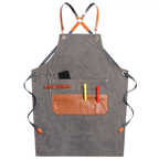 Heavyweight Canvas Cross-Back Work Apron, Leather Straps – Professional Barista & Workshop Apron, Customizable Logo