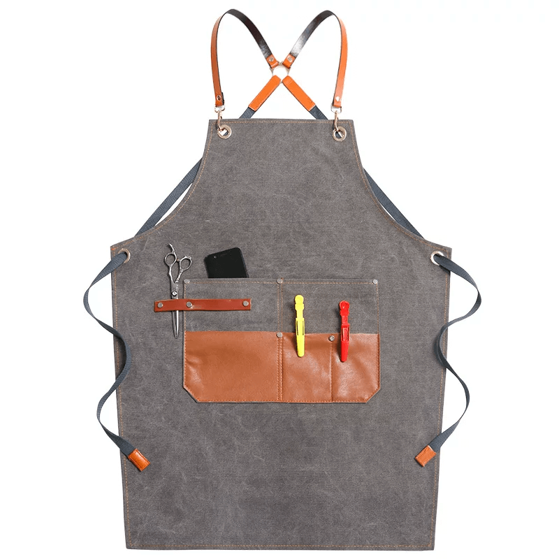 Heavyweight Canvas Cross-Back Work Apron, Leather Straps – Professional Barista & Workshop Apron, Customizable Logo