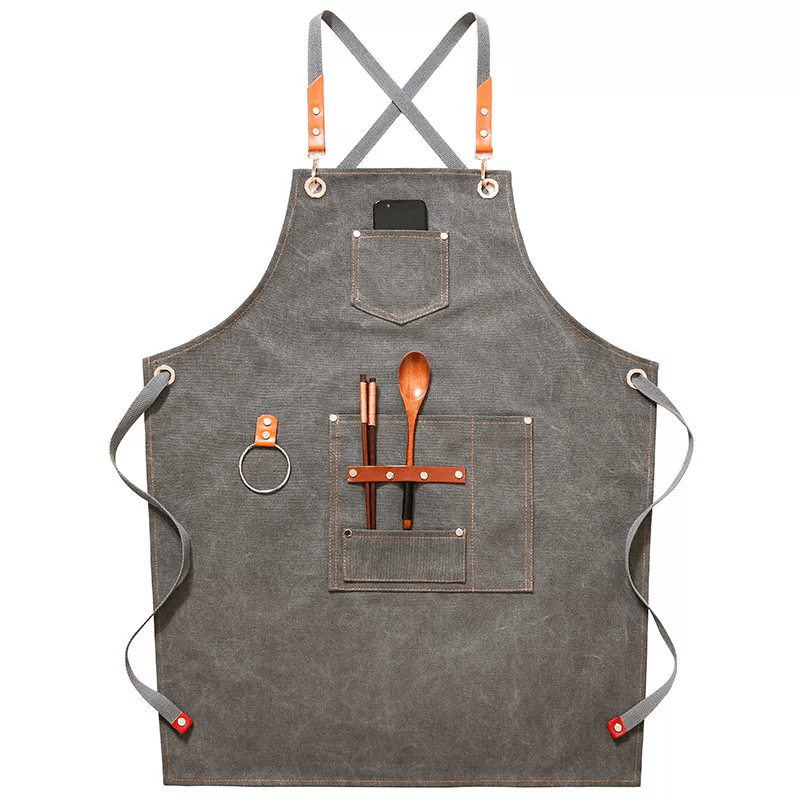 Heavyweight Canvas Cross-Back Work Apron, Leather Straps – Professional Barista & Workshop Apron, Customizable Logo