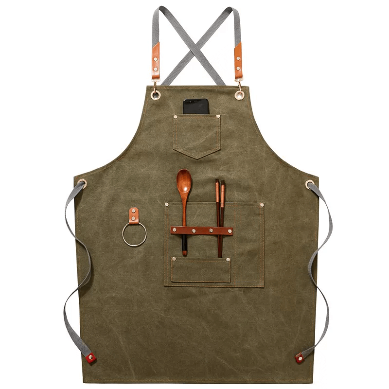 Heavyweight Canvas Cross-Back Work Apron, Leather Straps – Professional Barista & Workshop Apron, Customizable Logo