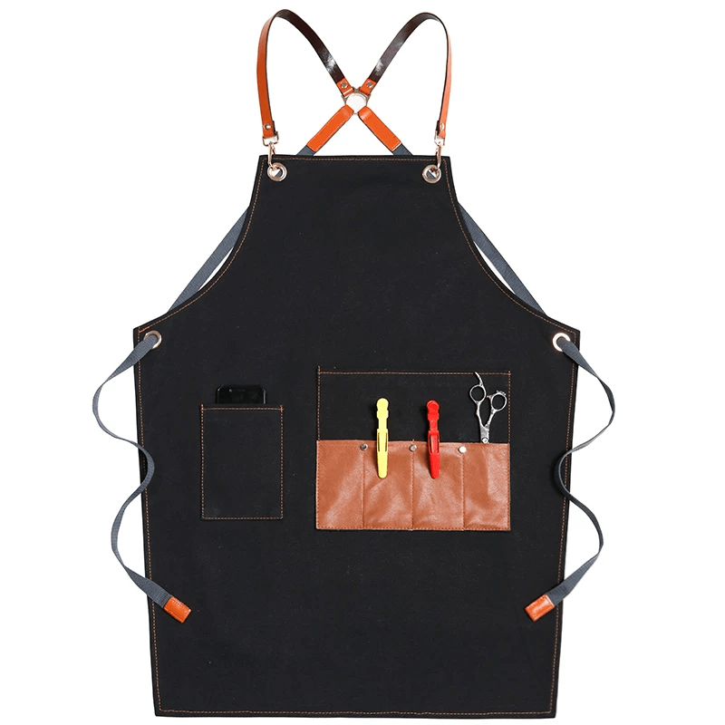 Heavyweight Canvas Cross-Back Work Apron, Leather Straps – Professional Barista & Workshop Apron, Customizable Logo