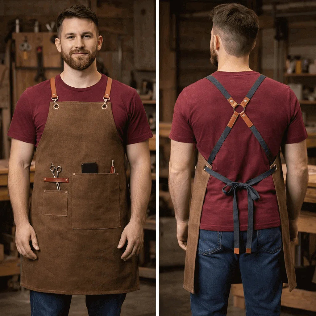 Heavyweight Canvas Cross-Back Work Apron, Leather Straps – Professional Barista & Workshop Apron, Customizable Logo