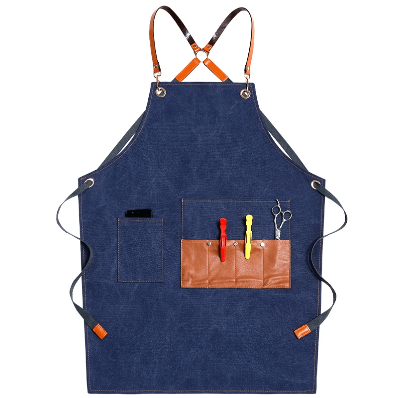Heavyweight Canvas Cross-Back Work Apron, Leather Straps – Professional Barista & Workshop Apron, Customizable Logo