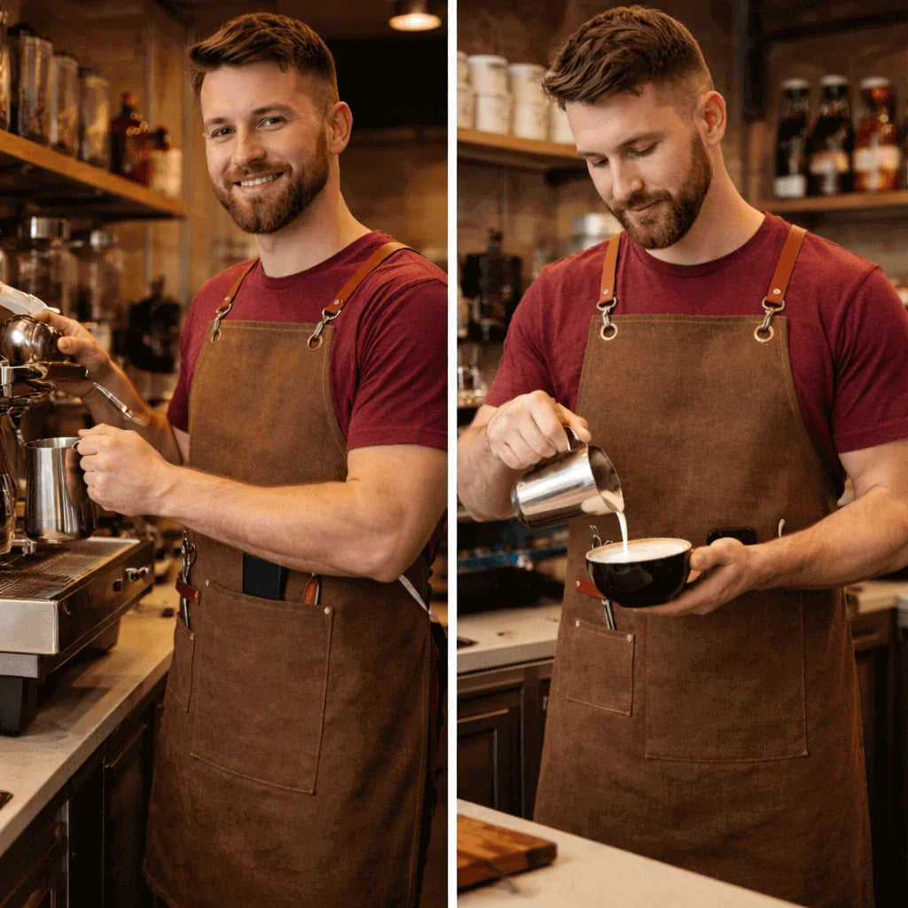 Heavyweight Canvas Cross-Back Work Apron, Leather Straps – Professional Barista & Workshop Apron, Customizable Logo