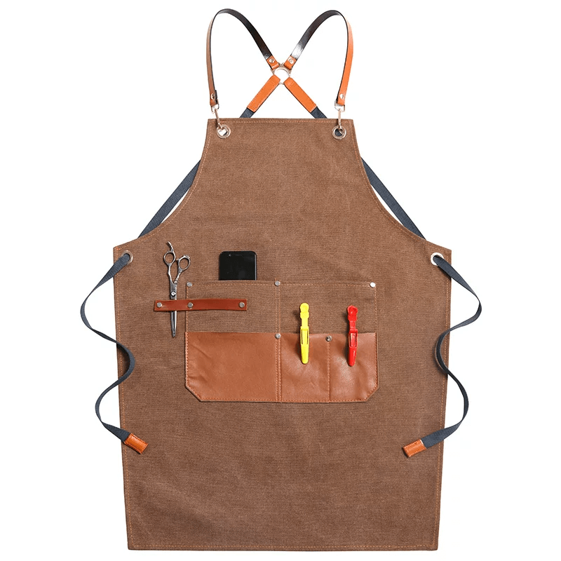 Heavyweight Canvas Cross-Back Work Apron, Leather Straps – Professional Barista & Workshop Apron, Customizable Logo