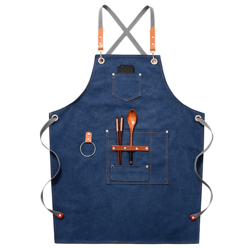 Heavyweight Canvas Cross-Back Work Apron, Leather Straps – Professional Barista & Workshop Apron, Customizable Logo