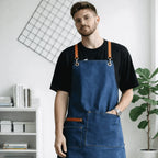 Heavyweight Canvas Cross-Back Work Apron, Leather Straps – Professional Barista & Workshop Apron, Customizable Logo