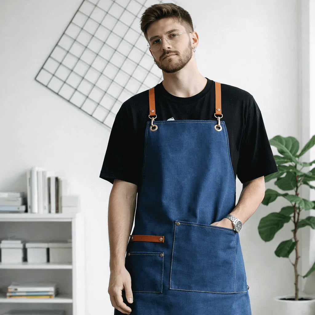Heavyweight Canvas Cross-Back Work Apron, Leather Straps – Professional Barista & Workshop Apron, Customizable Logo