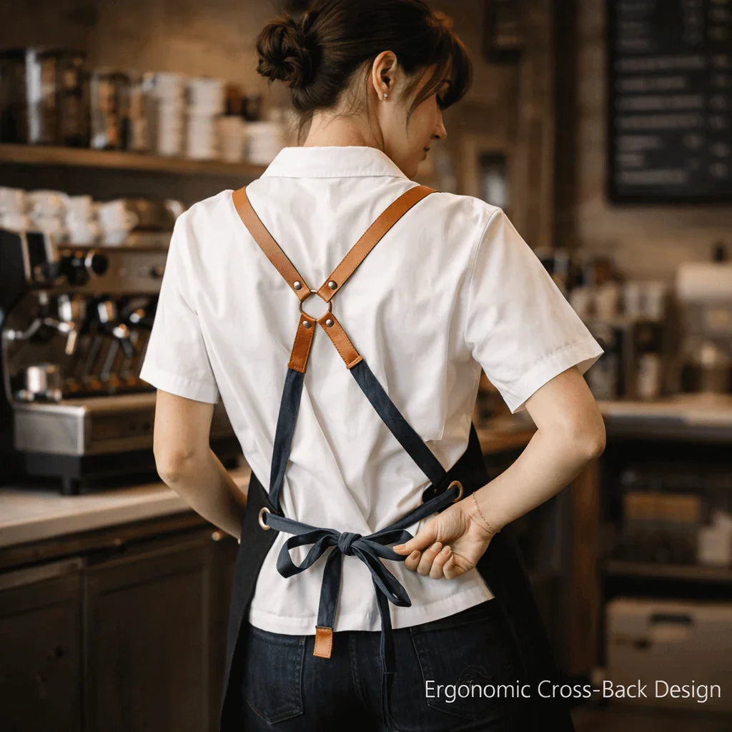Heavyweight Canvas Cross-Back Work Apron, Leather Straps – Professional Barista & Workshop Apron, Customizable Logo
